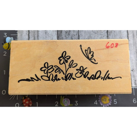 Denami Design Butterfly Flowers Grass Rubber Stamp Wood #C5 - Picture 1 of 4